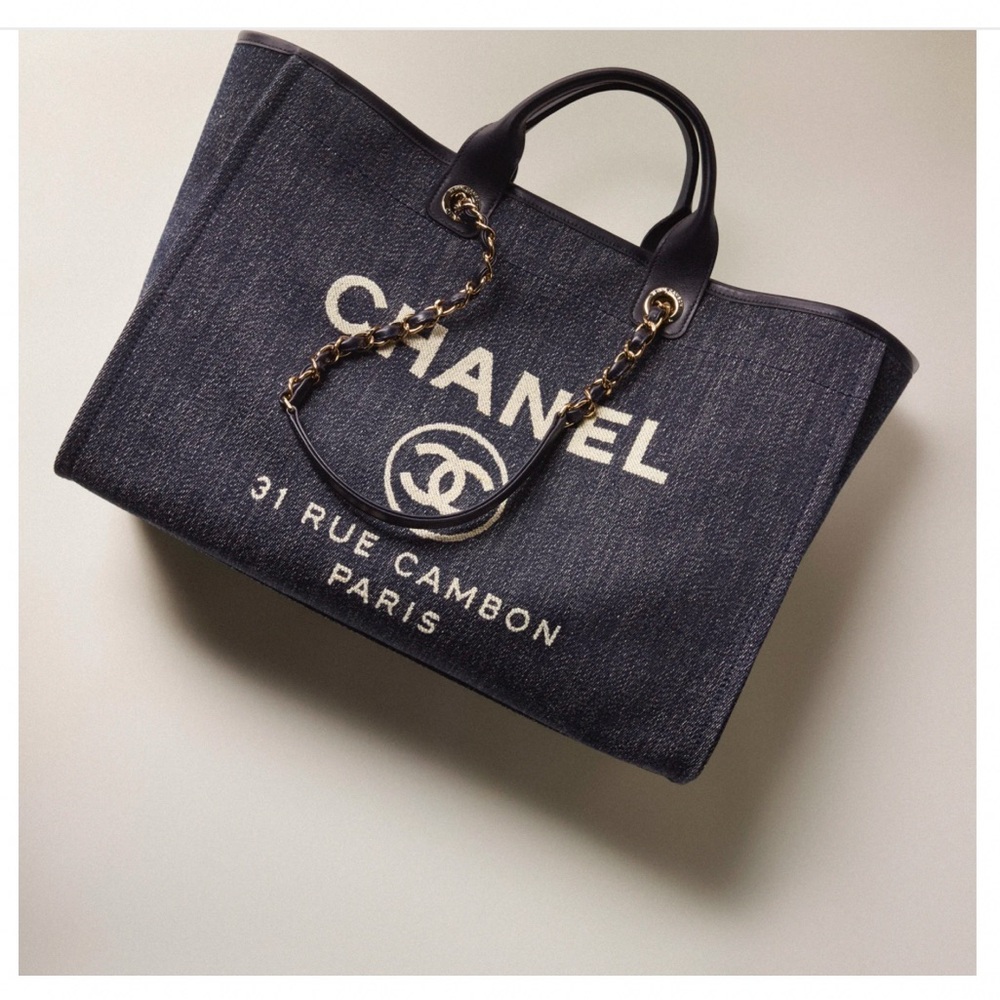 SOLD!!!! CHANEL Dark Blue Denim Deauville Tote Bag Gold Chain Straps 22B